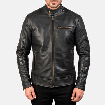 Ryder Black Leather Biker Jacket with Snap Button Collar