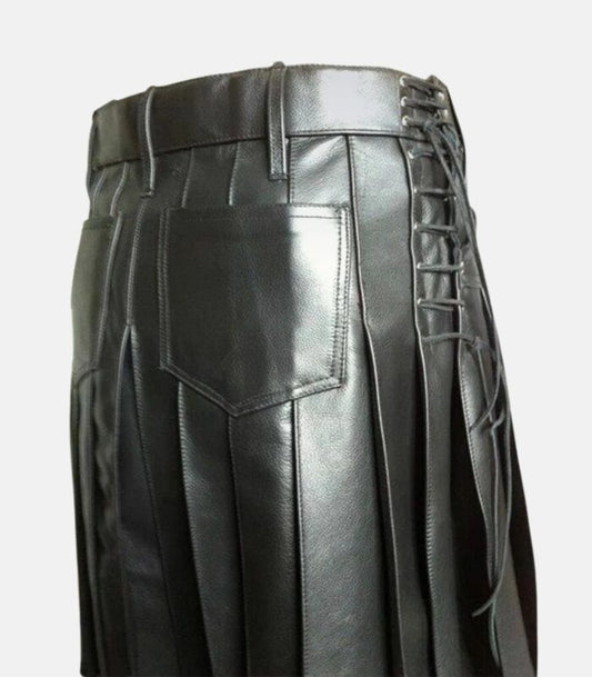 Scottish-Inspired Pleated Leather Kilt with Side Lacing