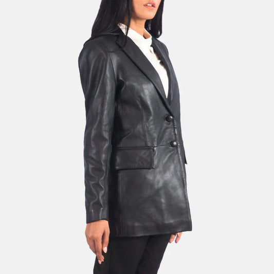 Semi-Aniline Finish Black Sheepskin Leather Blazer with Leather Buttons