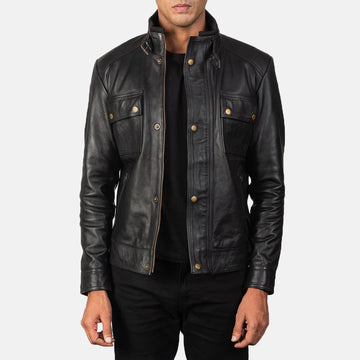 Sentinel Black Leather Biker Jacket with Snap Button Cuffs