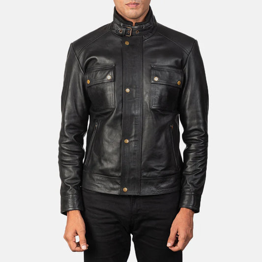 Sentinel Black Leather Biker Jacket with Snap Button Cuffs