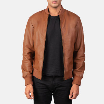 Hudson Brown Sheepskin Leather Bomber Jacket with Varsity Collar