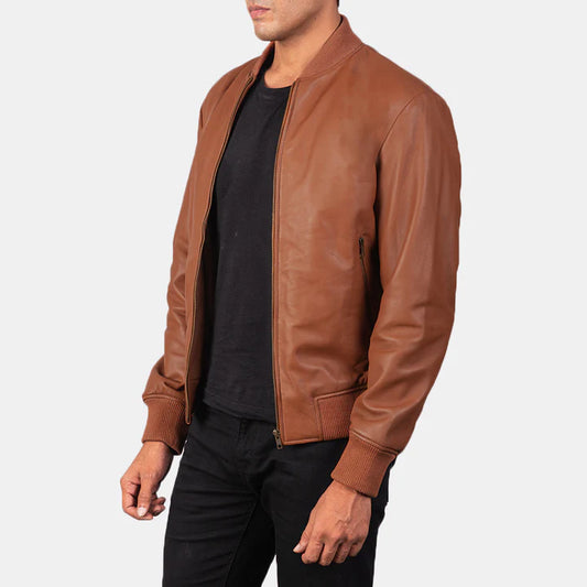 Hudson Brown Sheepskin Leather Bomber Jacket with Varsity Collar