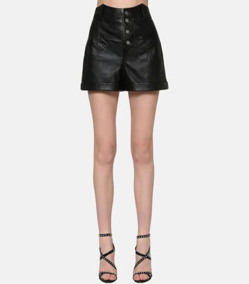 Sheepskin Black Leather Shorts with Button Details