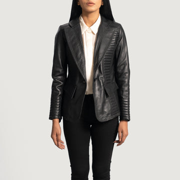 Sheepskin Leather Blazer with Notch Collar and Zippered Cuffs