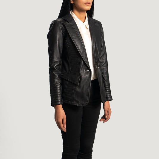 Sheepskin Leather Blazer with Notch Collar and Zippered Cuffs