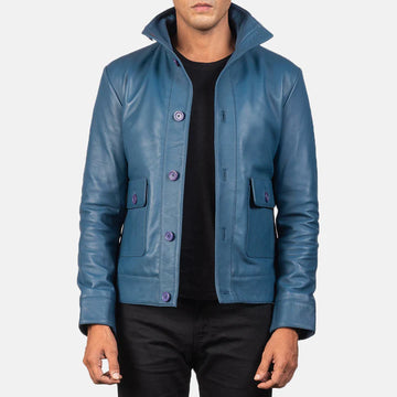Sheepskin Leather Jacket with High-Neck Buttoned Collar