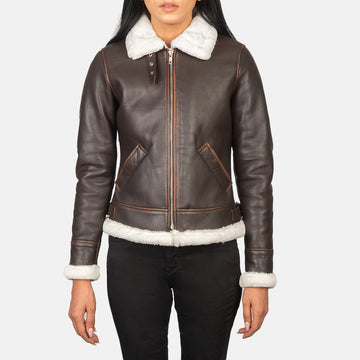 Sherilyn Faux Fur Lined B-3 Leather Bomber Jacket with Front zipper Closure