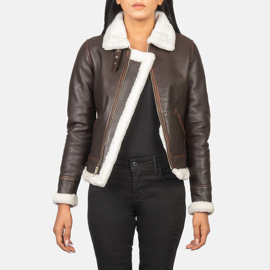 Sherilyn Faux Fur Lined B-3 Leather Bomber Jacket with Front zipper Closure