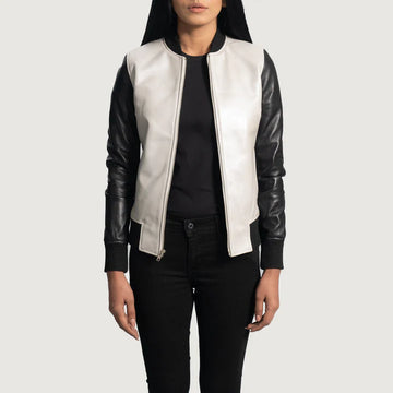 Silver Sheepskin Leather Bomber Jacket with Varsity Collar & Knit Rib Cuffs