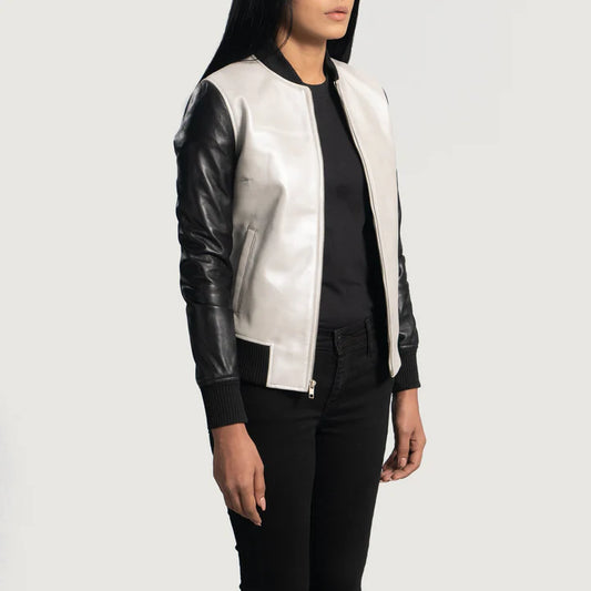 Silver Sheepskin Leather Bomber Jacket with Varsity Collar & Knit Rib Cuffs
