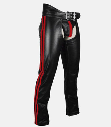 Sleek Black Leather Biker Chaps with Bold Red Stripes