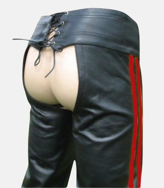 Sleek Black Leather Biker Chaps with Bold Red Stripes