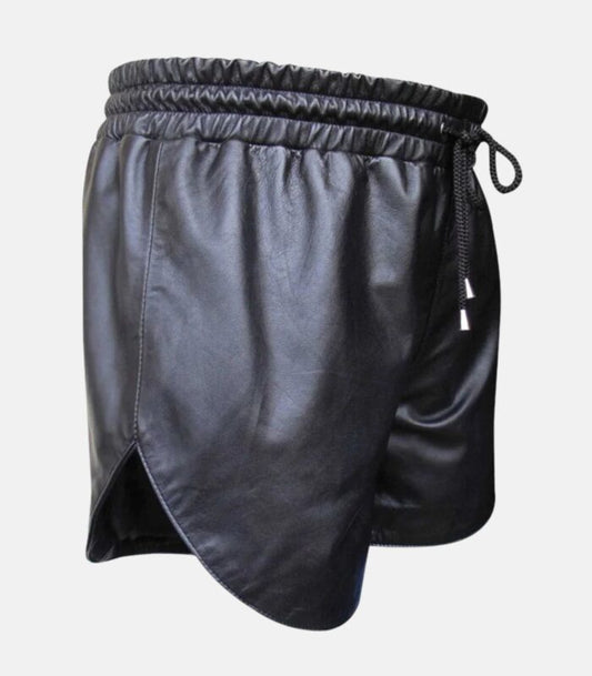 Sleek Black Leather Gym Shorts with Slim Fit and Athletic Design