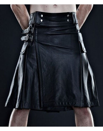 Sleek Black Leather Kilt with Cotton Lining & Adjustable Straps