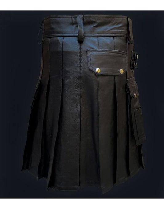 Sleek Black Leather Kilt with Cotton Lining & Adjustable Straps