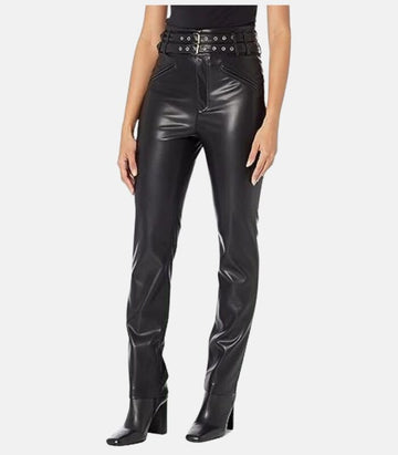 Sleek Black Leather Pants with Dual Belt Accents