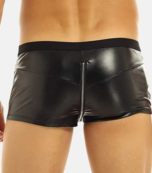 Sleek Black Leather Shorts with Bold Round Zipper Flyer