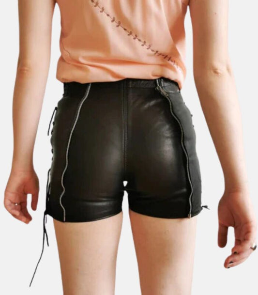 Sleek Black Leather Shorts with Zip & Lace Accents