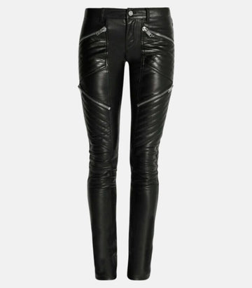 Sleek Black Slim Fit Leather Pants with Zipper Mixed Quilted Designs