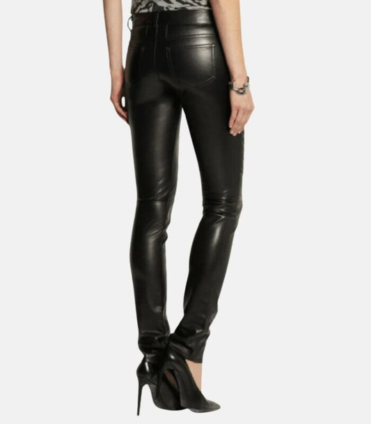 Sleek Black Slim Fit Leather Pants with Zipper Mixed Quilted Designs