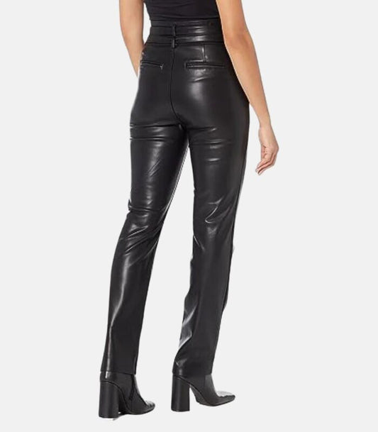 Sleek Black Leather Pants with Dual Belt Accents