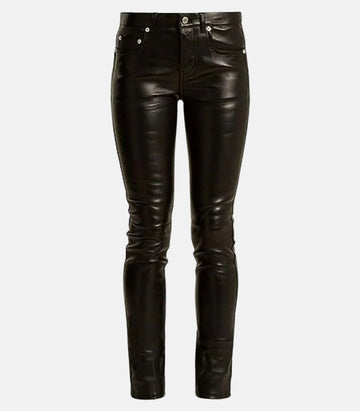 Slim Fit Black Leather Pants with Hook and Loop Details