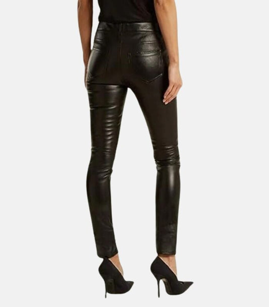 Slim Fit Black Leather Pants with Hook and Loop Details