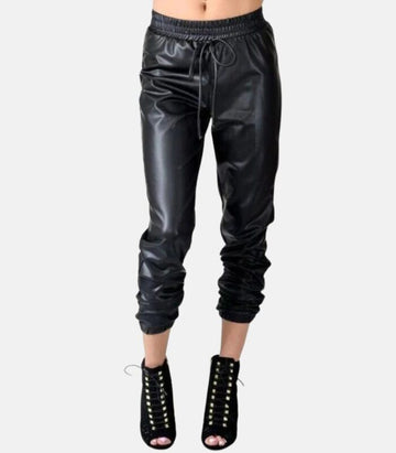 Slim Fit Black Leather Trousers with Ribbed Ankle Finish