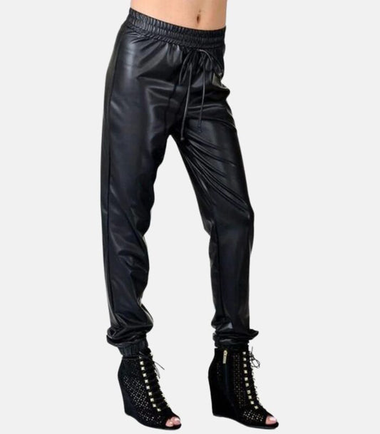 Slim Fit Black Leather Trousers with Ribbed Ankle Finish