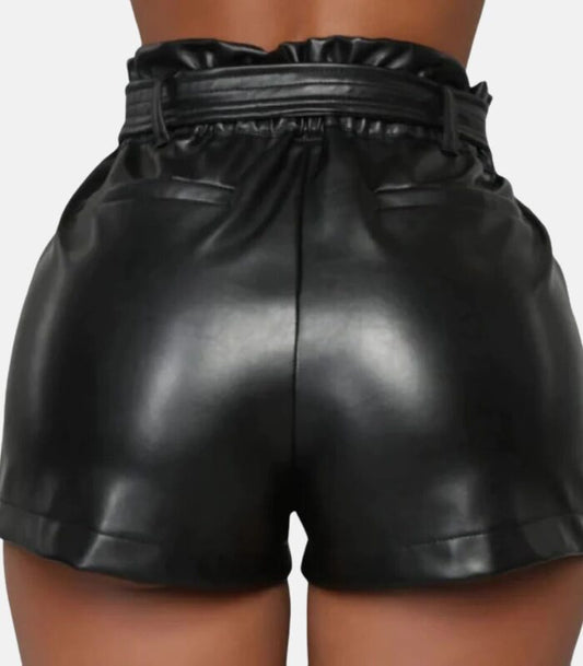 Slim Fit Genuine Leather Shorts with Hook and Loop Detailing