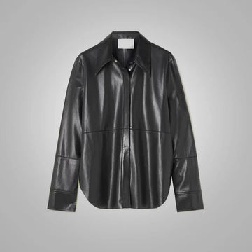 Slim Fit Leather Shirt in sleek Black with Unique Pleat Detail