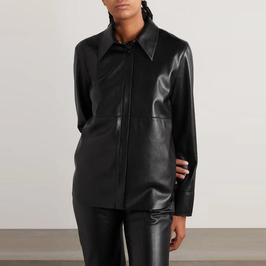 Slim Fit Leather Shirt in sleek Black with Unique Pleat Detail
