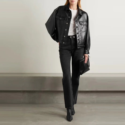 Smooth Black Leather Blend Shirt with Button Detailing