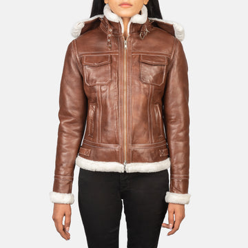 Snuffed Sheepskin Hooded Leather Jacket in Brown with Faux Fur Lining