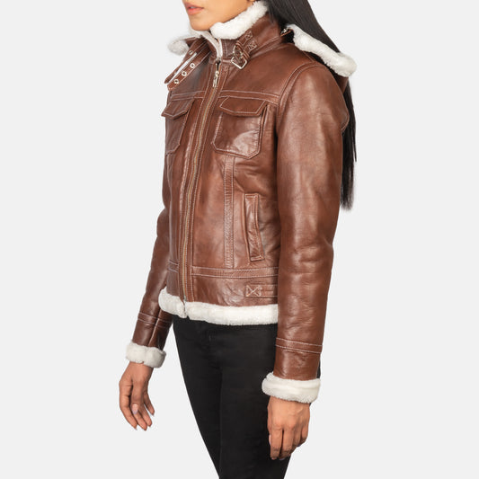 Snuffed Sheepskin Hooded Leather Jacket in Brown with Faux Fur Lining