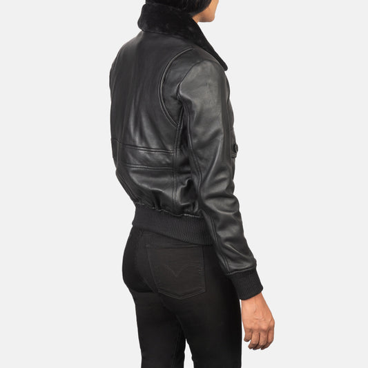 Stella Semi-Aniline Black Leather Bomber Jacket with Removable Fur Collar