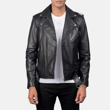 Striker Black Leather Biker Jacket with Zipper closure & waist Belt