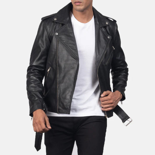 Striker Black Leather Biker Jacket with Zipper closure & waist Belt