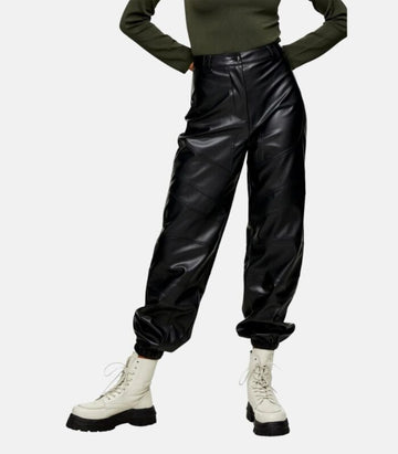 Tailored Black Leather Trousers with Chic Button & Zipper Finish