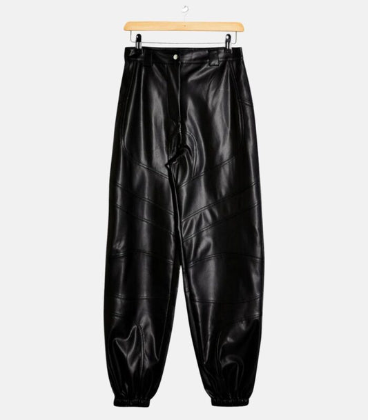 Tailored Black Leather Trousers with Chic Button & Zipper Finish