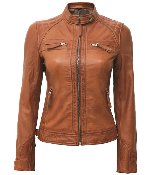 Tan Biker Leather Jacket with Quilted Details & Snap Strap Collar