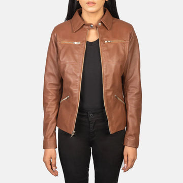 Tan Brown Sheepskin Leather Jacket with Snap Collar