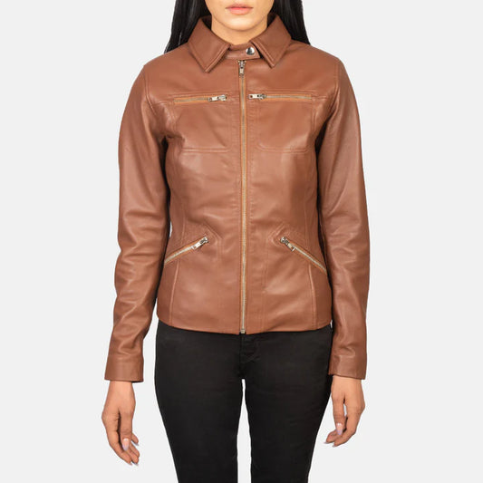 Tan Brown Sheepskin Leather Jacket with Snap Collar