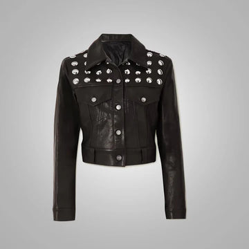 Textured Cropped Leather Shirt with Shearling and Studs