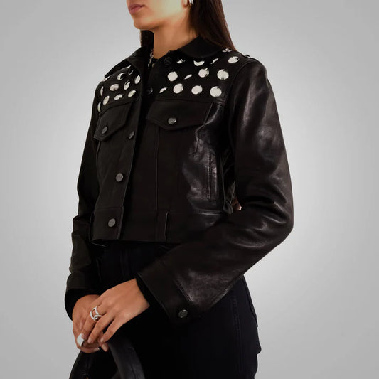 Textured Cropped Leather Shirt with Shearling and Studs