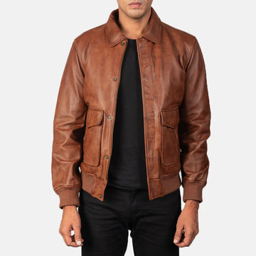 Thompson Brown Sheepskin A2 Leather Bomber Jacket with Button Flap
