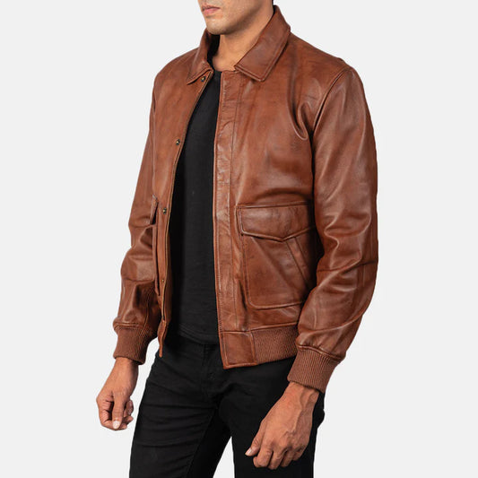 Thompson Brown Sheepskin A2 Leather Bomber Jacket with Button Flap