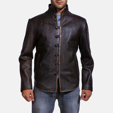 Timberwolf Distressed Brown Leather Jacket with Button Closure