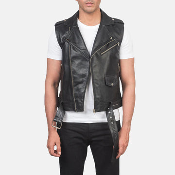 Titan Black Leather Biker Vest with Waist Belt & Zipper Closure